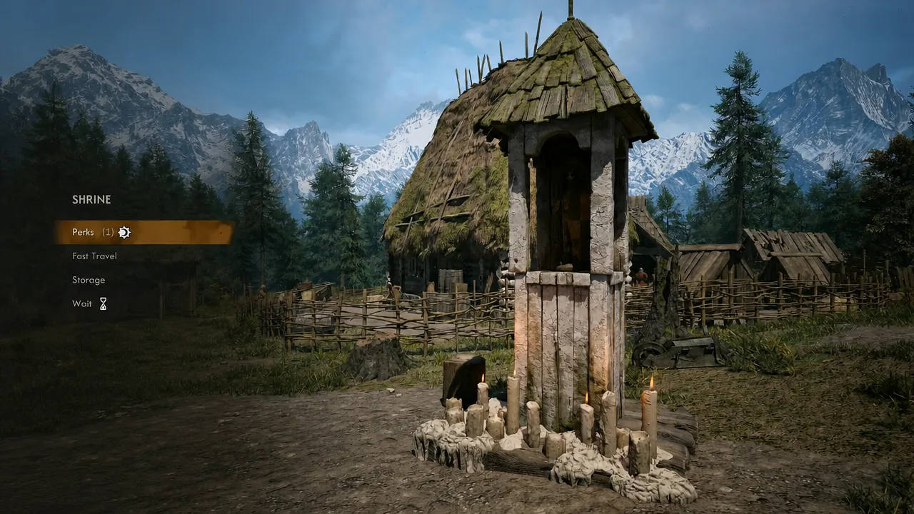 Shrine menu open in The Blood of Dawnwalker with the Perks option highlighted