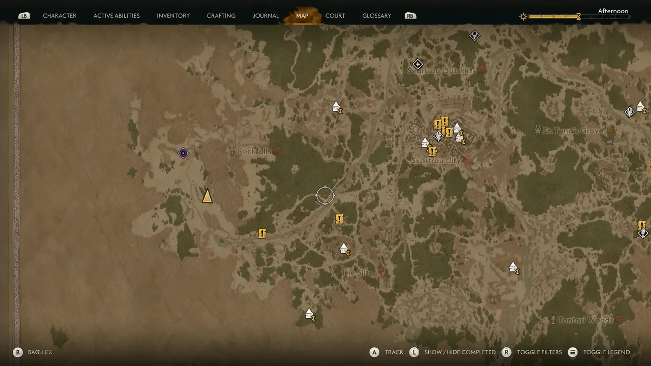 World map screen open on the MAP tab in The Blood of Dawnwalker with location markers visible