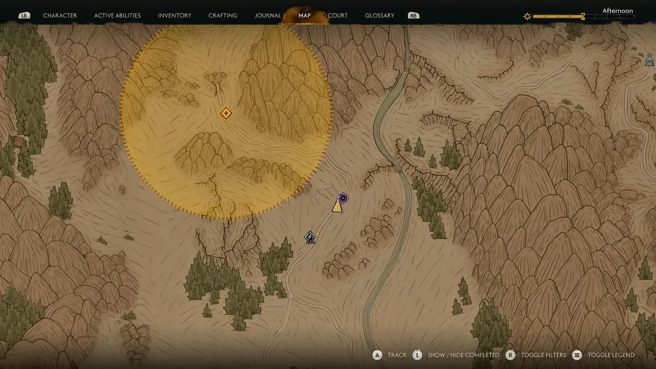 Map screen showing the yellow objective search area for the Highland Grave ruins