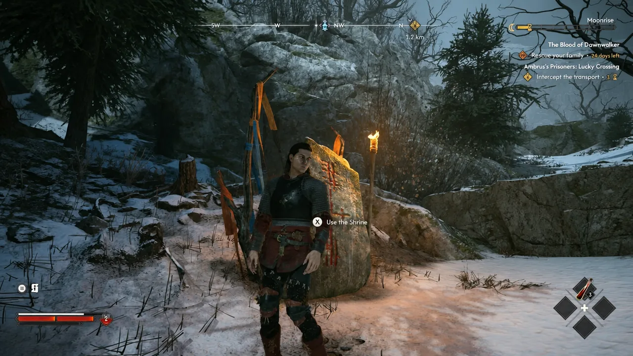 On-screen prompt to use the shrine before heading up the mountain path