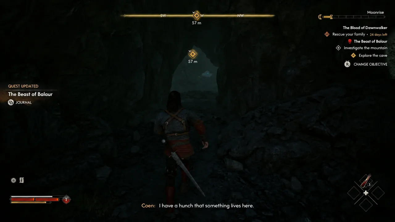 The Beast of Balaur quest active with an Explore the cave objective marker at 57 metres