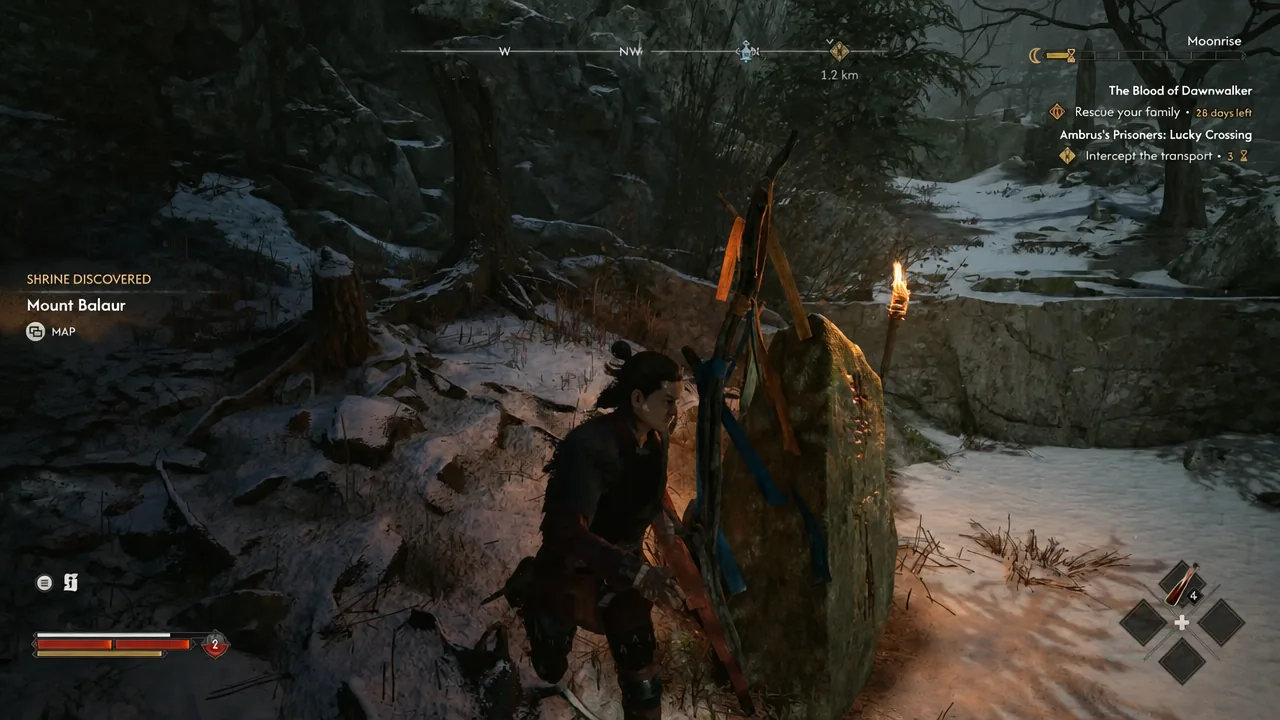 Mount Balaur shrine discovery notification appearing on the snowy mountainside