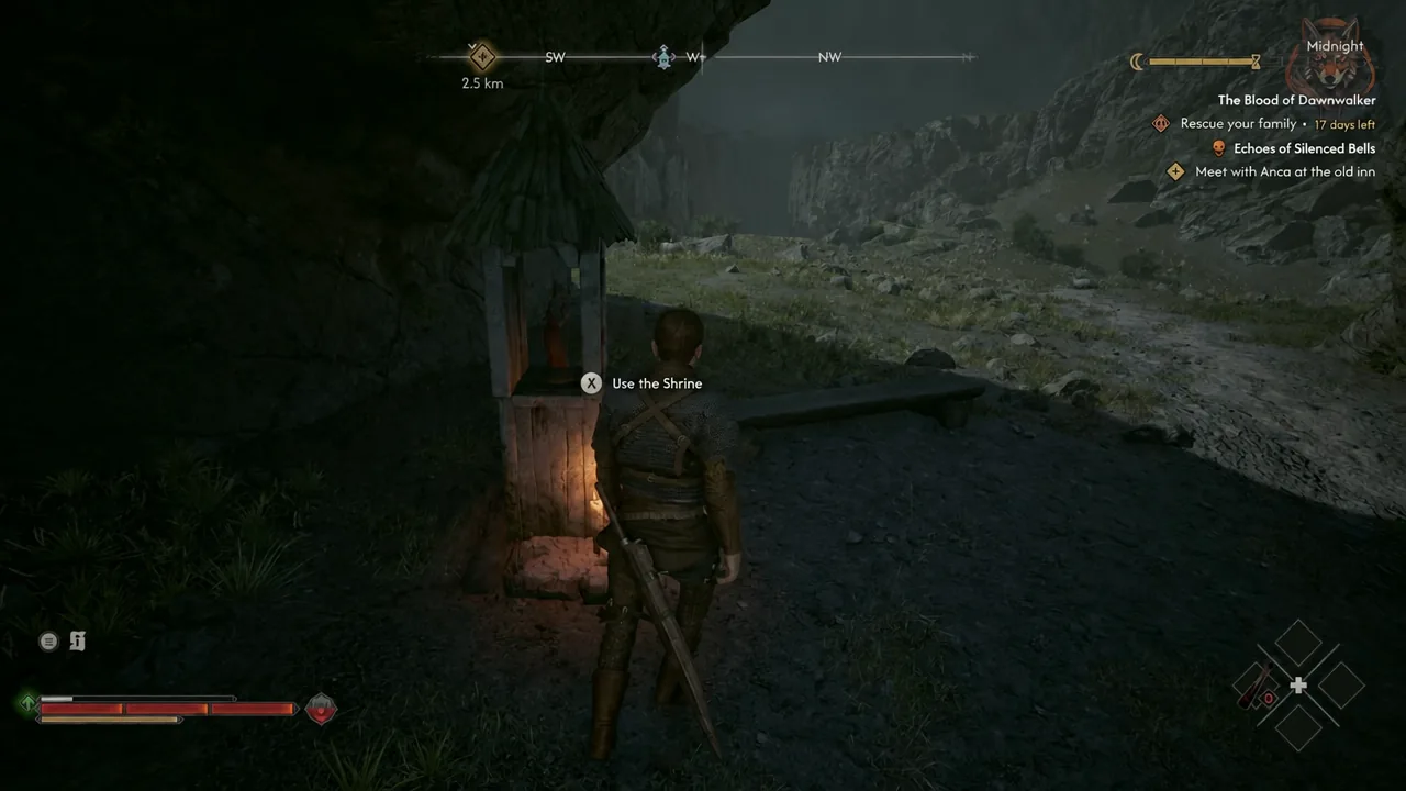 The Use the Shrine button prompt appears as Coen walks up to a roadside shrine