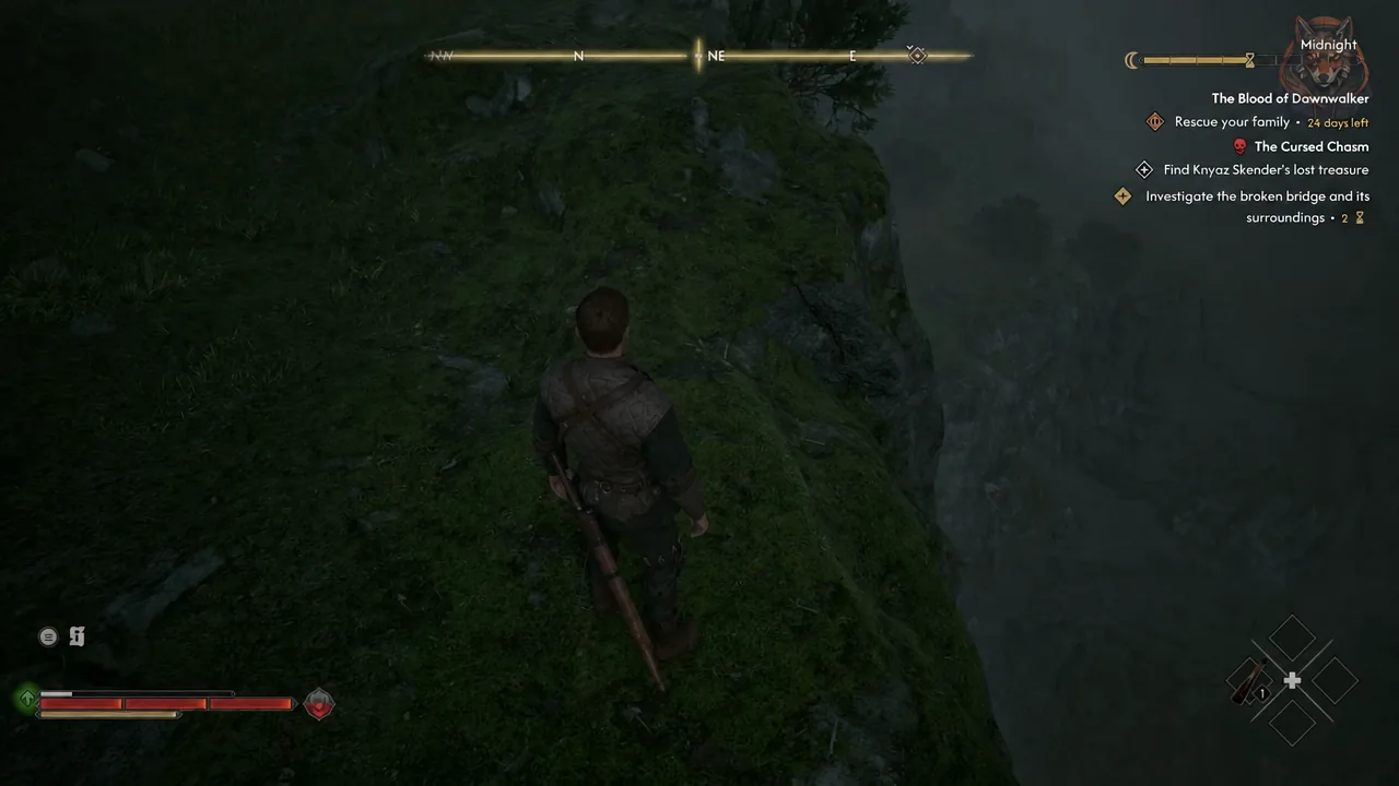 Quest tracker showing Investigate the broken bridge and its surroundings at the chasm edge