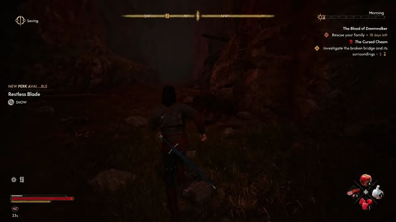 Restless Blade perk notification with a Show prompt during the chasm looting sequence