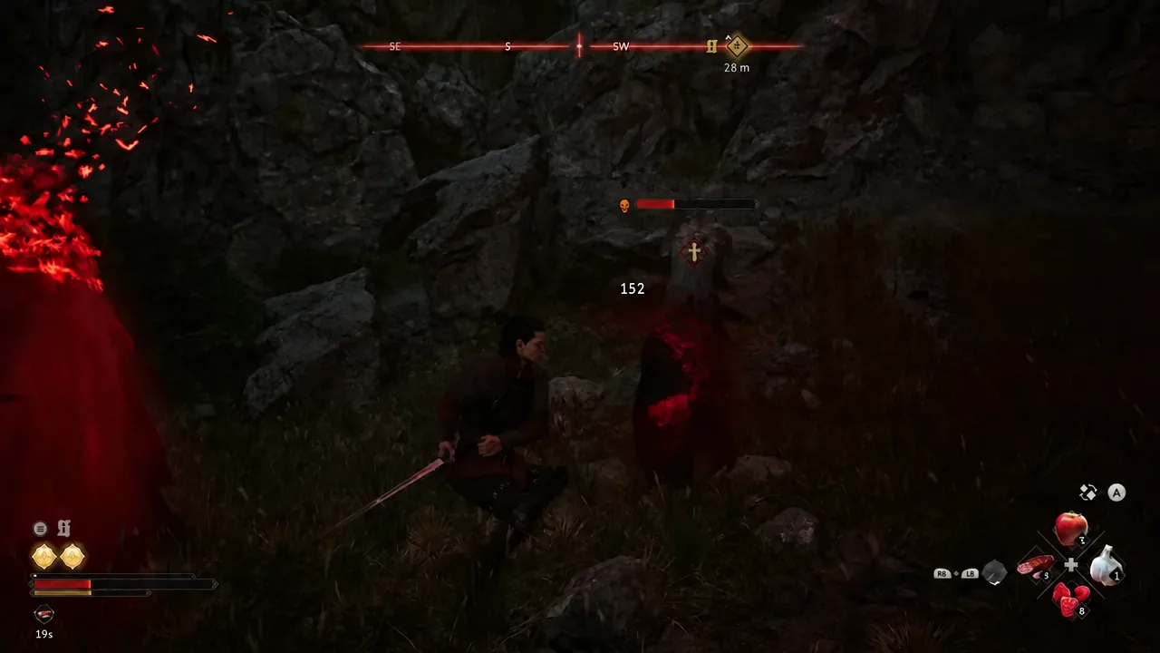 Sword attack landing on a marked Vidmo with its health bar visible on screen