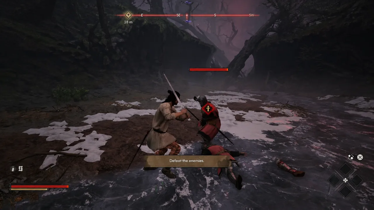 Coen fighting a red-clad soldier with the objective Defeat the enemies on screen