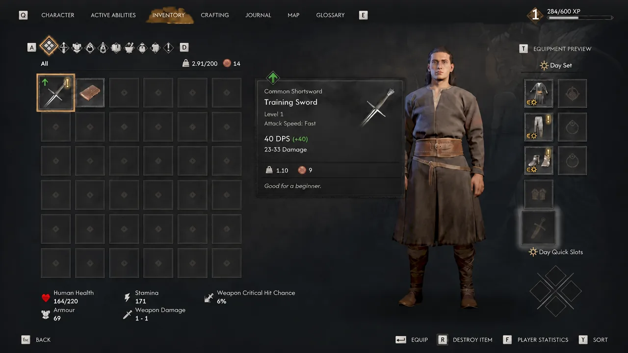 Inventory screen with the Training Sword selected, showing its damage, DPS and attack speed