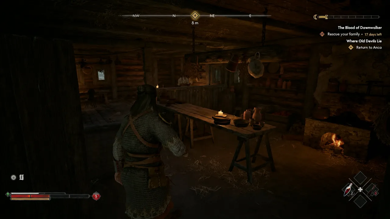 Quest tracker showing the Return to Anca objective inside a dim cabin