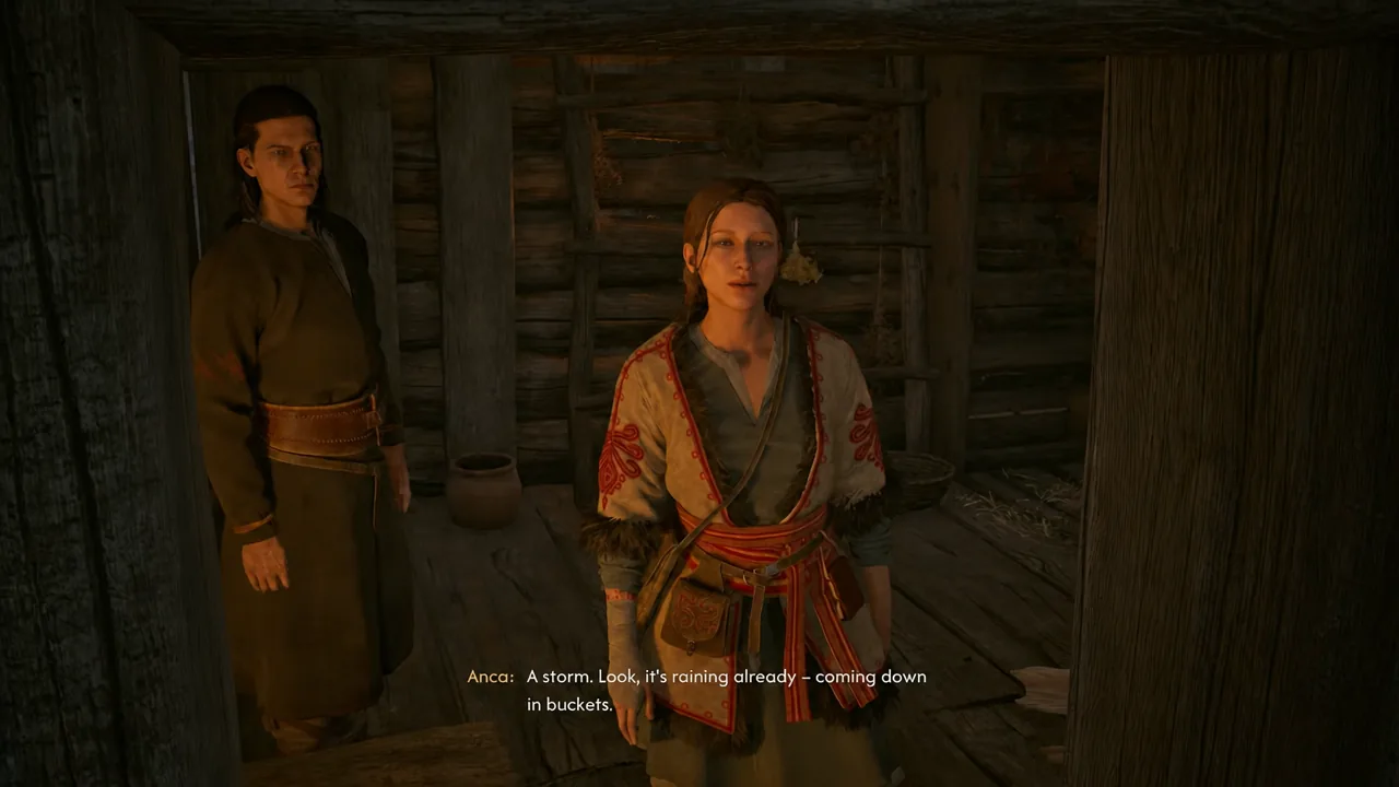 Anca speaks to Coen about the storm during the prologue conversation in her hut