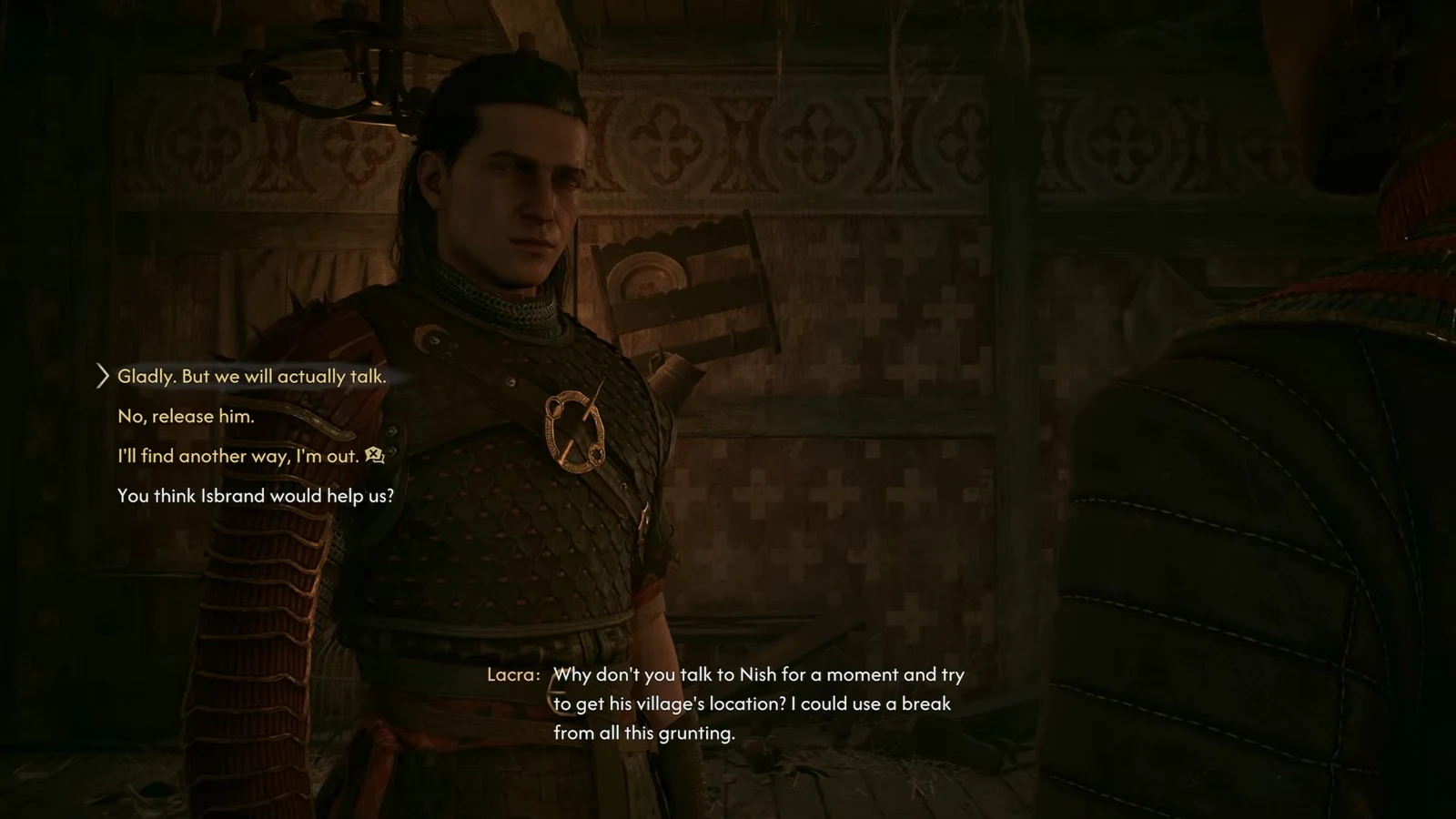 Dialogue wheel with the option Gladly. But we will actually talk. highlighted during the interrogation.