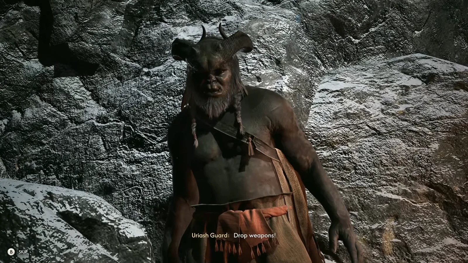 Cutscene of a Uriash Guard shouting Drop weapons! as the standoff begins.