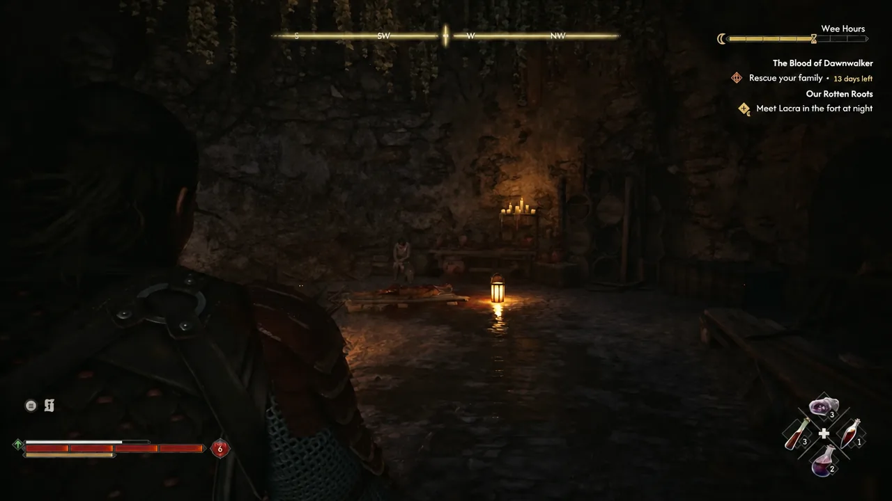 Flooded cave passage with the objective Meet Lacra in the fort at night shown in the tracker.