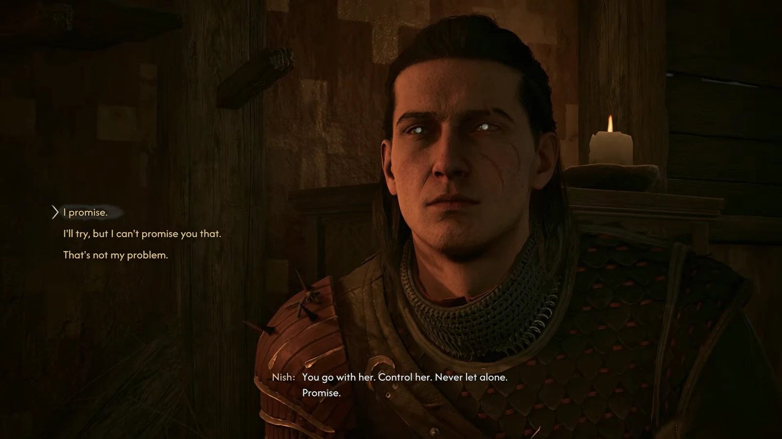 Dialogue screen with I promise. selected in response to the captive's request.