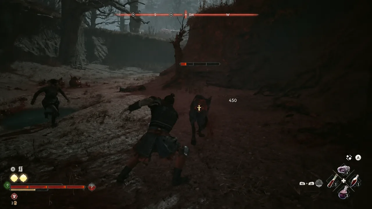 Coen striking a marked hellhound with a 450 damage number popping on screen.