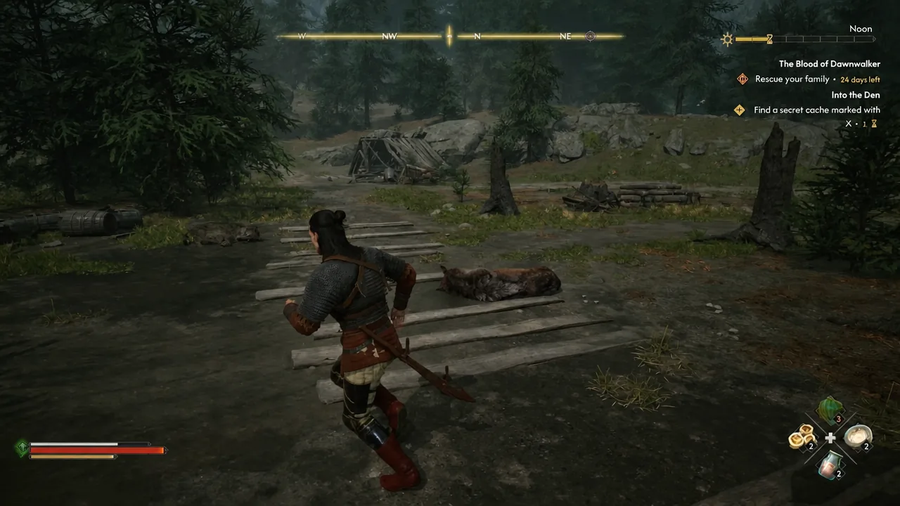 Quest tracker showing Find a secret cache while running toward the objective