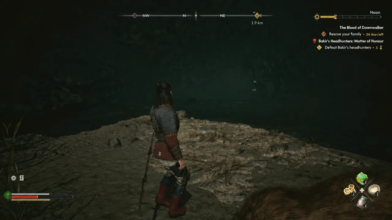 Quest tracker showing Rescue your family and Defeat Bakir's headhunters during exploration