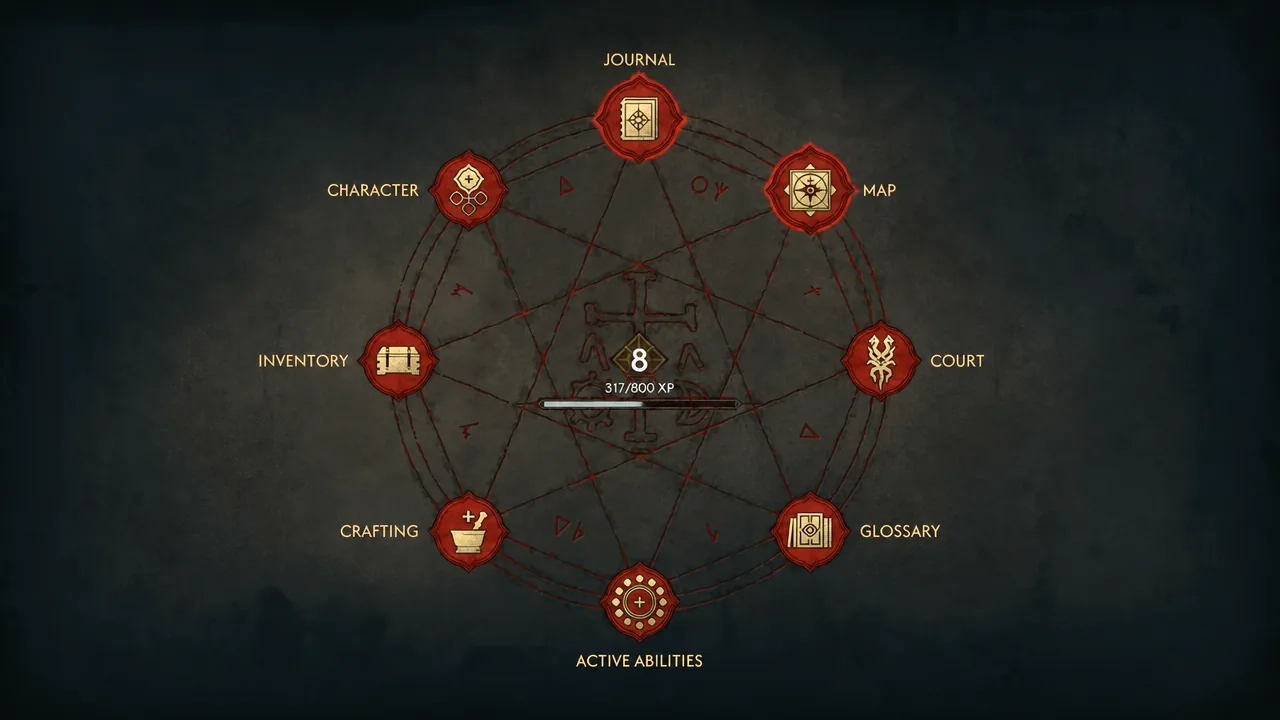 Pause menu radial navigation with the Active Abilities button selected