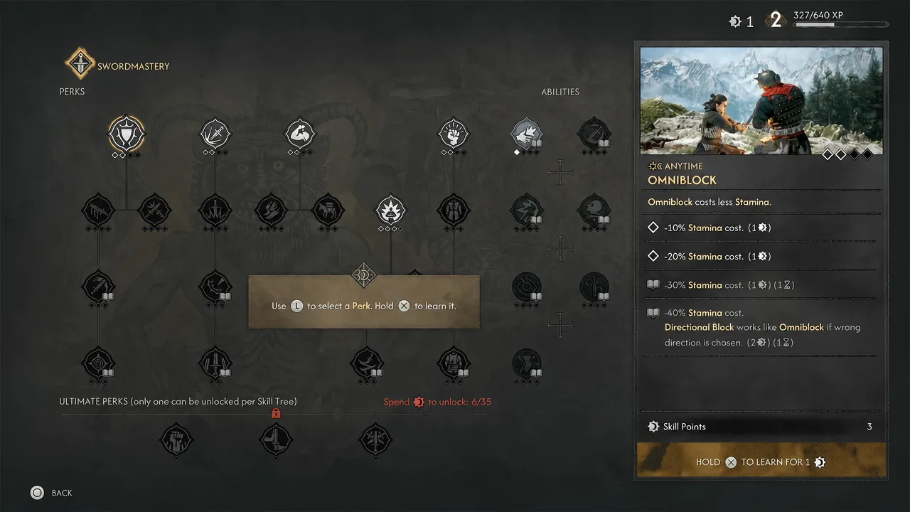 Swordmastery tree with the Omniblock perk highlighted, showing its stamina reduction ranks and the hold-to-learn prompt
