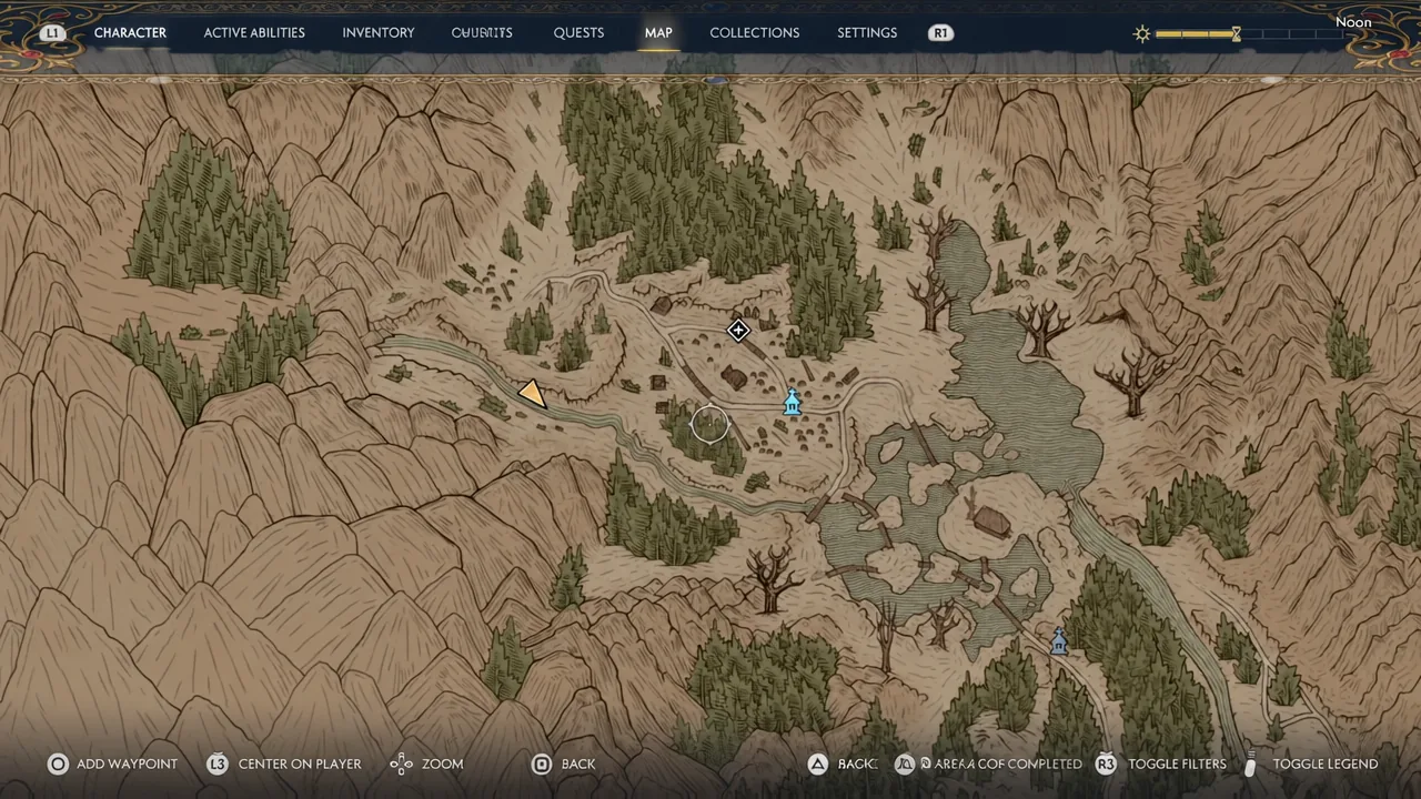 World map screen with the circular cursor hovering over the investigation site northwest of the glen
