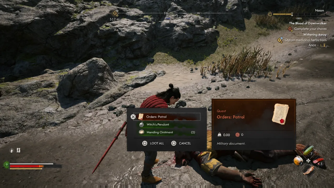 Loot panel open on the Uriash corpse with Orders: Patrol highlighted in the item list
