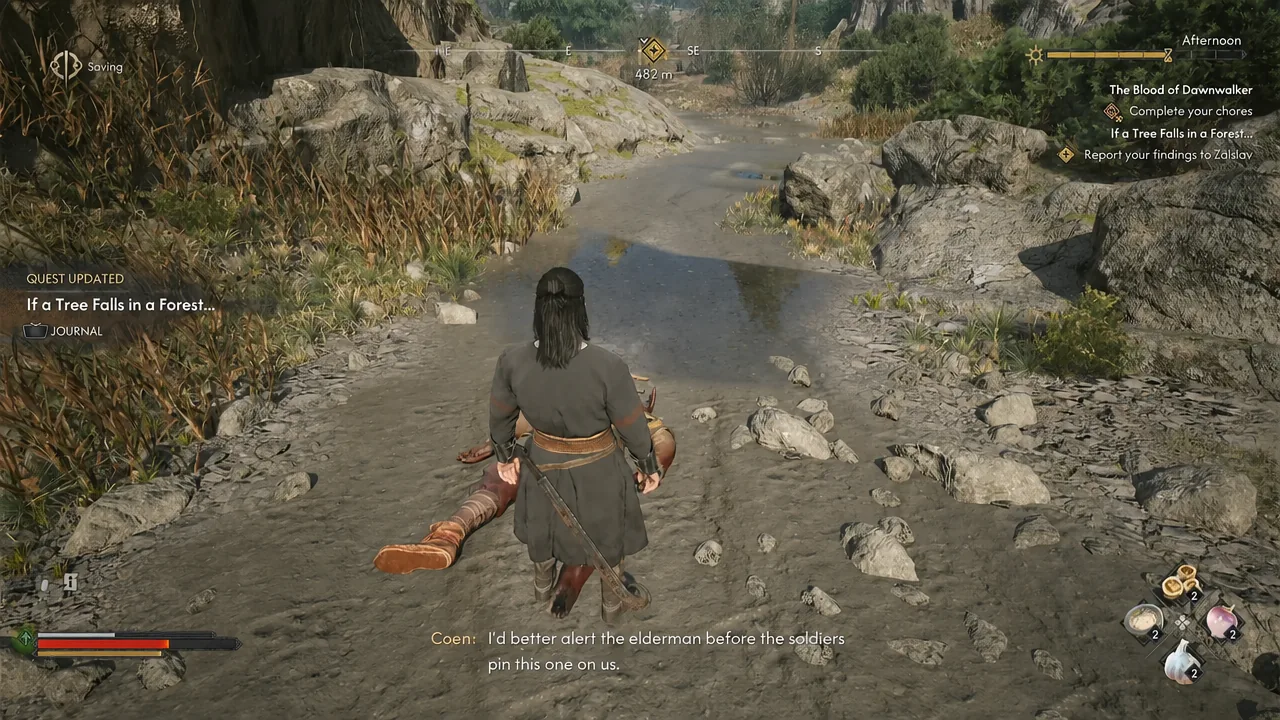 Quest tracker updating to the report objective after Coen searches the dead uriash