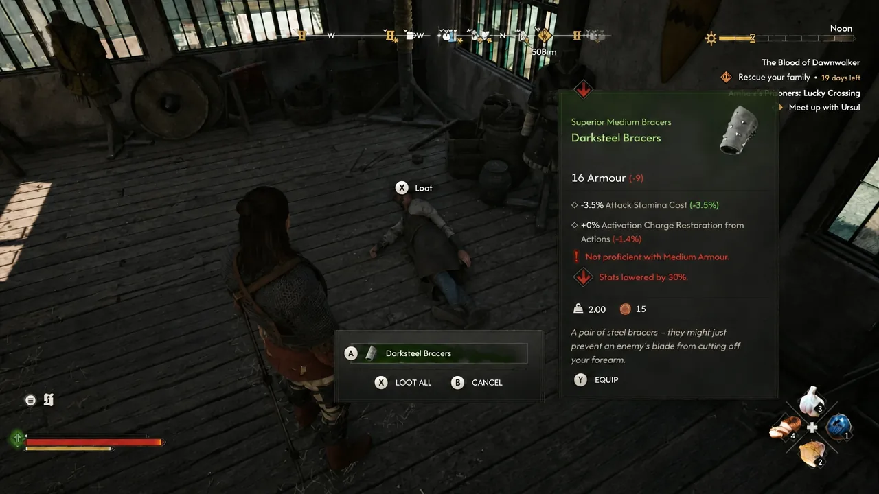 Loot window with Darksteel Bracers selected, showing the item's armour value and an Equip option