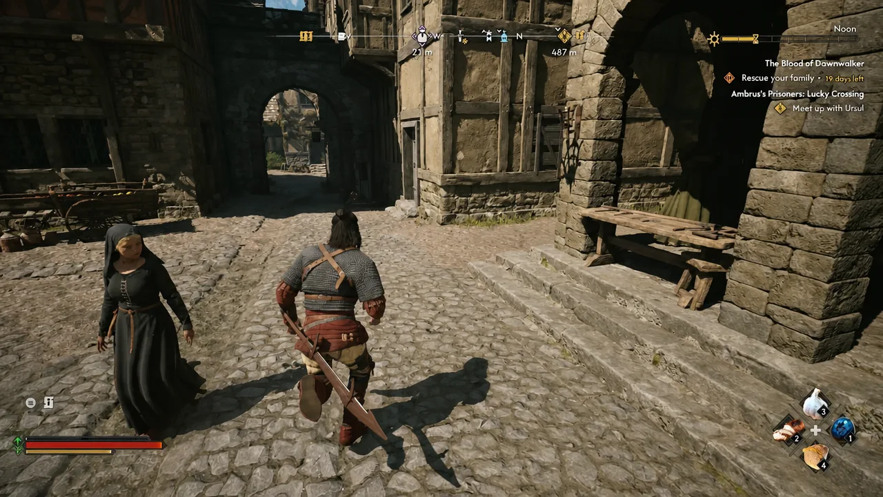 Coen moving through a settlement with the quest tracker visible on the right side of the screen