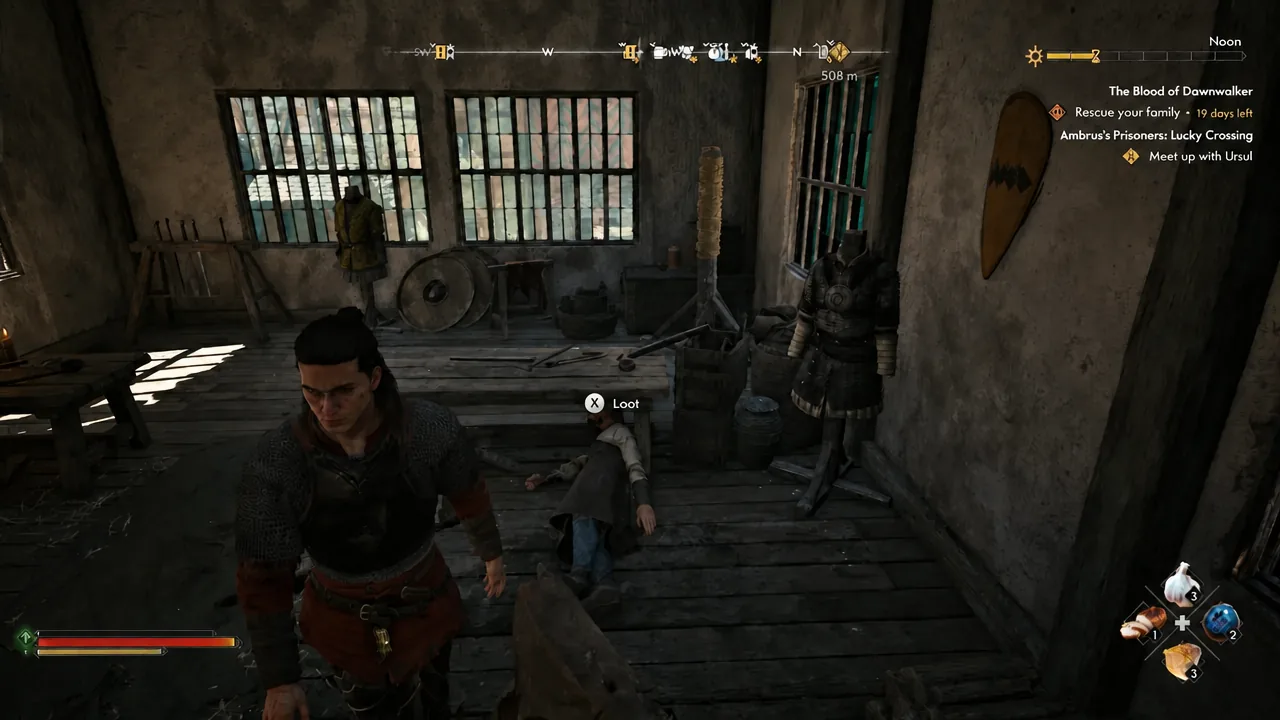Player standing over a body with the loot prompt highlighted, repeating the pickup