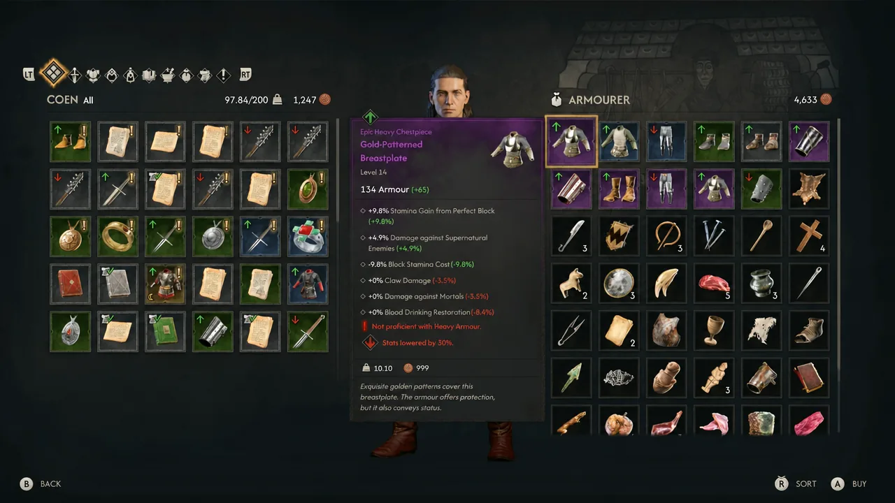 Armourer trade menu with the epic Gold-Patterned Breastplate selected and its stats shown