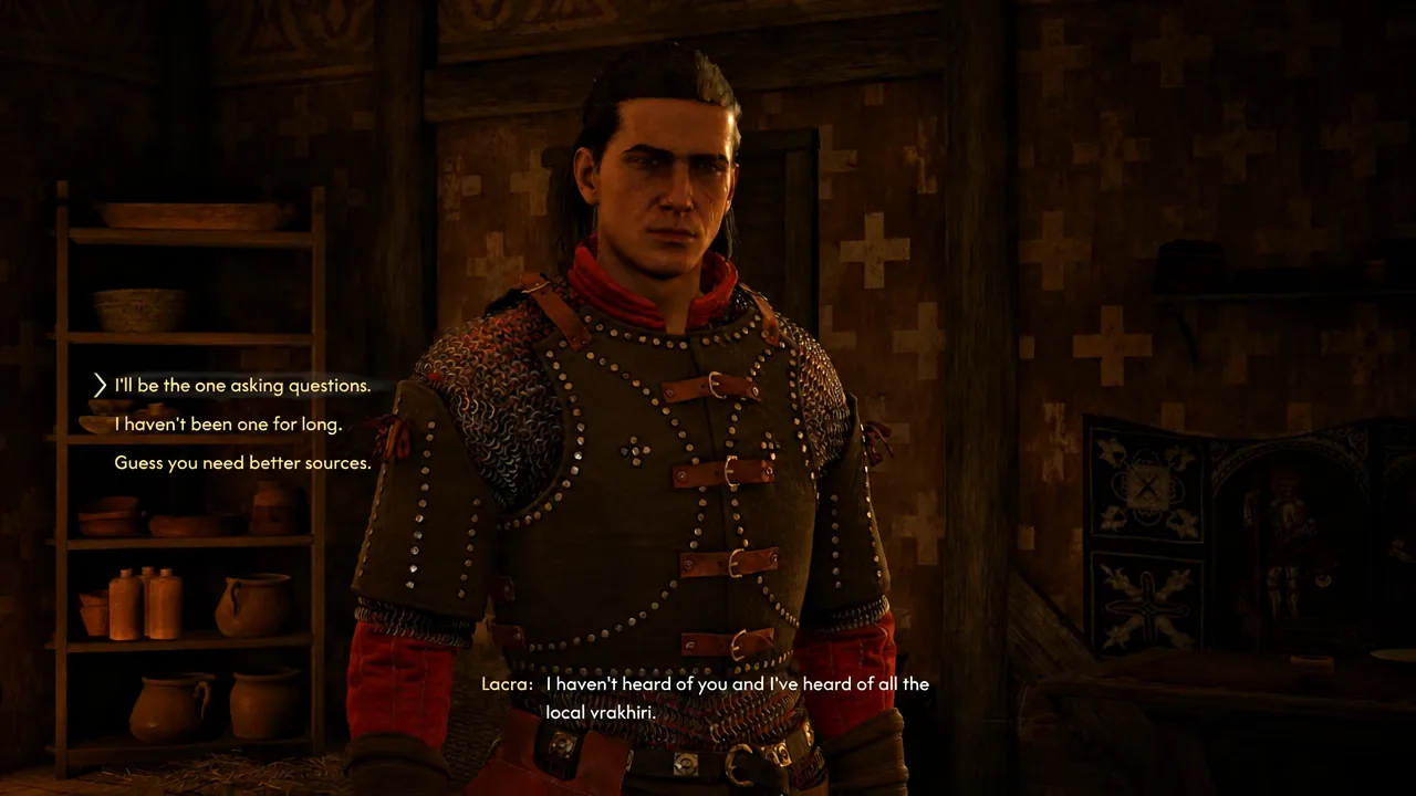 Dialogue wheel with the line I'll be the one asking questions highlighted for selection