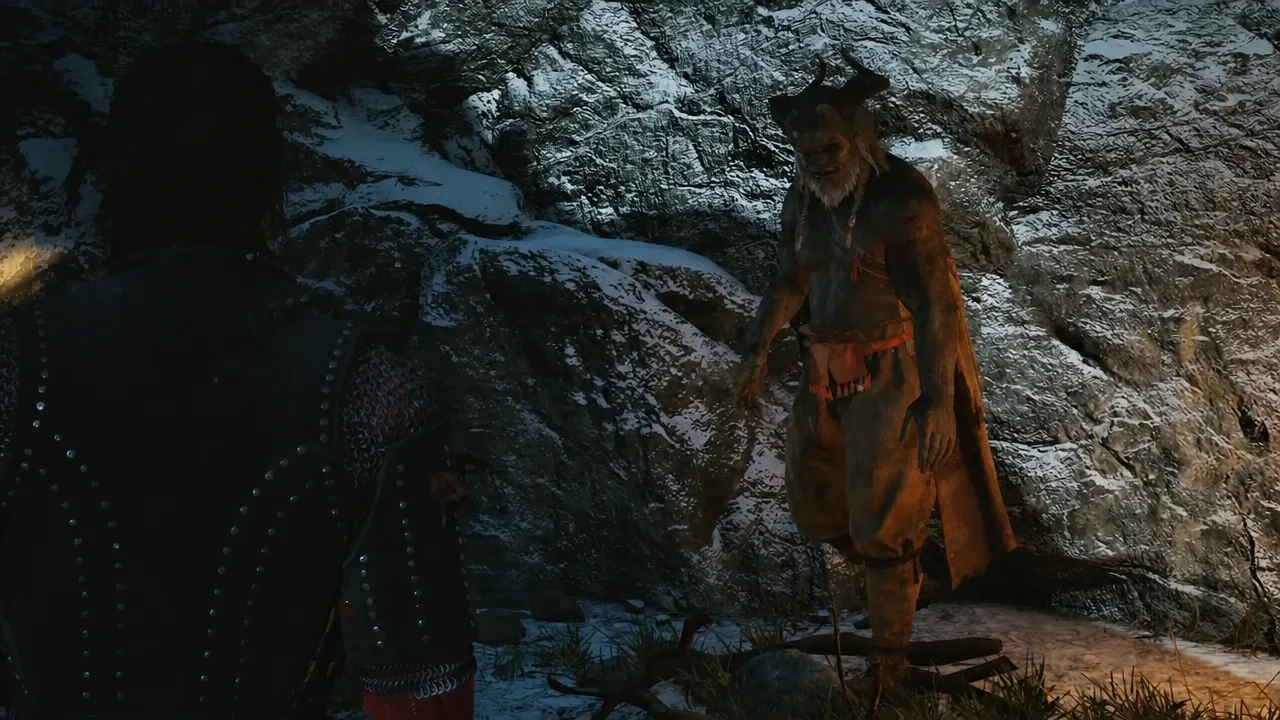 Snowy mountain path where the player faces a horned Uriash Guard in conversation