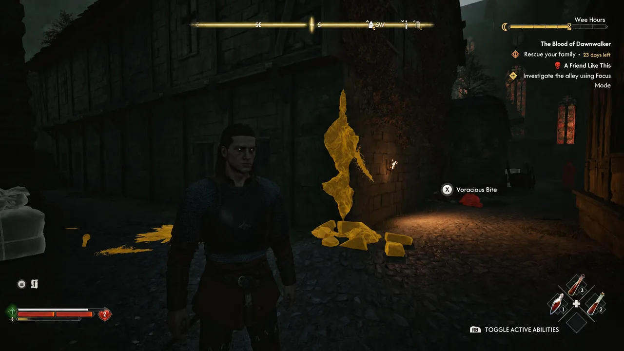 Focus Mode highlights a clue in the Svartrau City alleyway with the Voracious Bite prompt on screen
