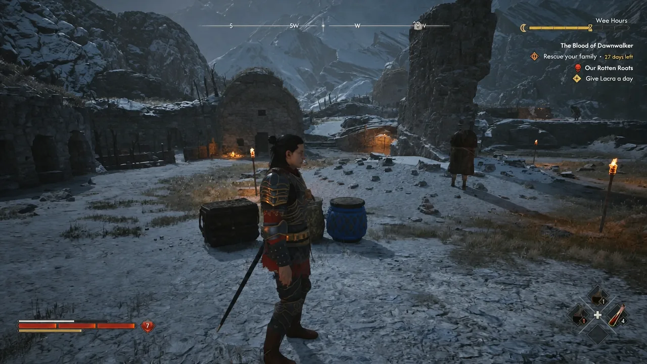 Snowy settlement with the quest tracker showing Rescue your family in progress