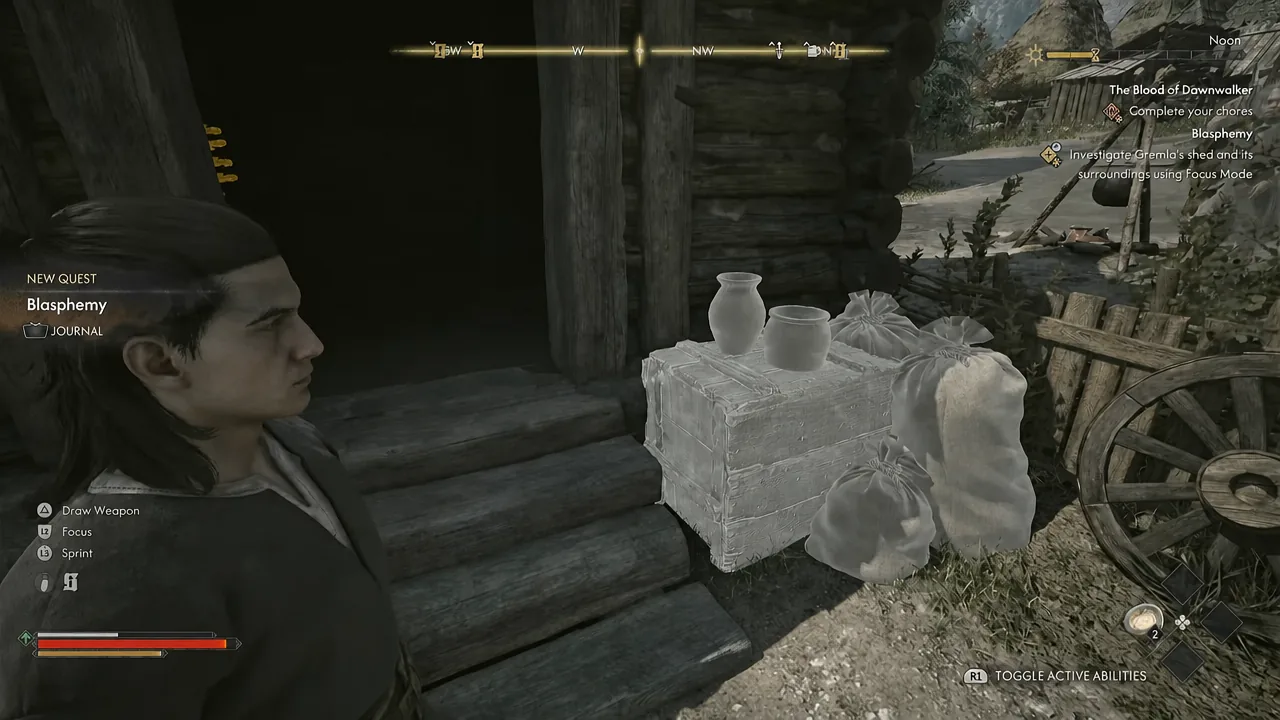 Focus Mode outlining crates, pots, sacks and a wagon around Gremla's shed in yellow