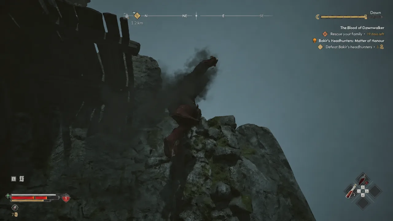 Coen scaling a rocky cliff face with the Rescue your family objective visible in the tracker