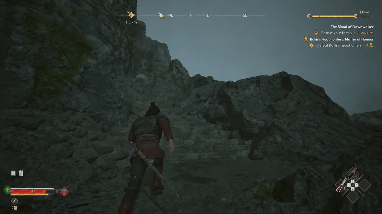 Coen runs uphill toward a distant objective marker showing 1.5 km on the quest tracker