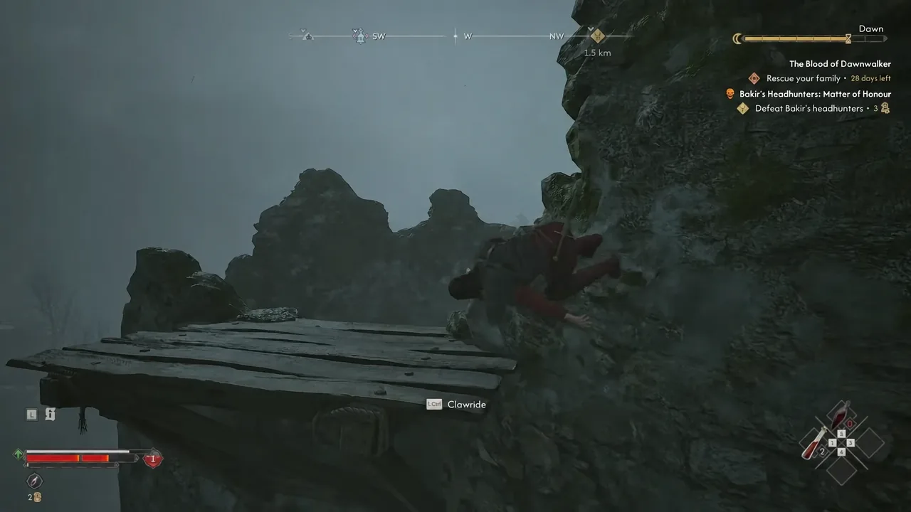 On-screen Clawride prompt telling the player to hold Left Ctrl while gripping a rocky cliff