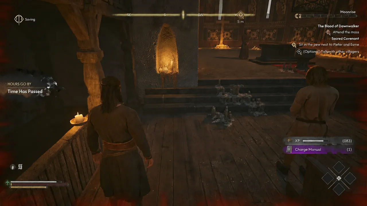 Sacred Covenant quest tracker showing the objective to sit in the pew next to Pieter and Esme inside the chapel