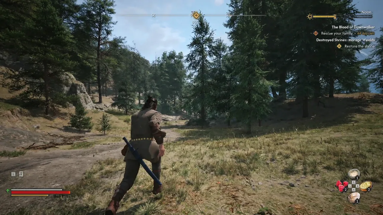 Quest HUD reading Restore the shrine as the character runs back through the forest