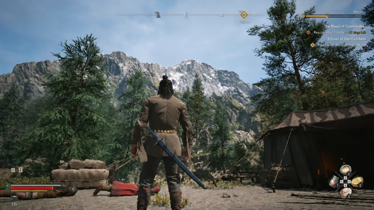 Player standing in the cleared soldier camp with the quest tracker visible on the right