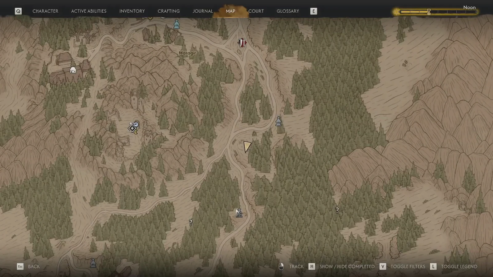 The Blood of Dawnwalker map screen showing the destroyed shrine and the nearby soldier camp in the Maragir Wealds