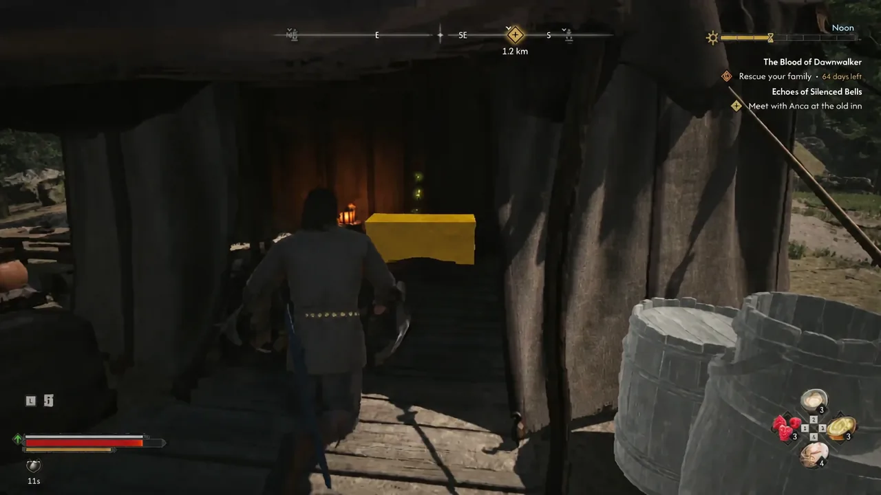 A yellow-highlighted chest inside the camp tent, ready to be opened