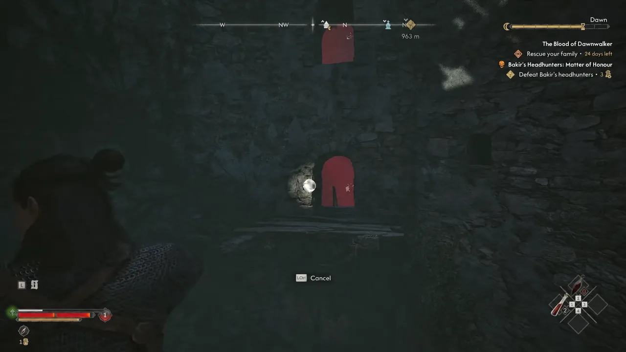 Aiming a spell at a highlighted blocked doorway inside the dark tower interior