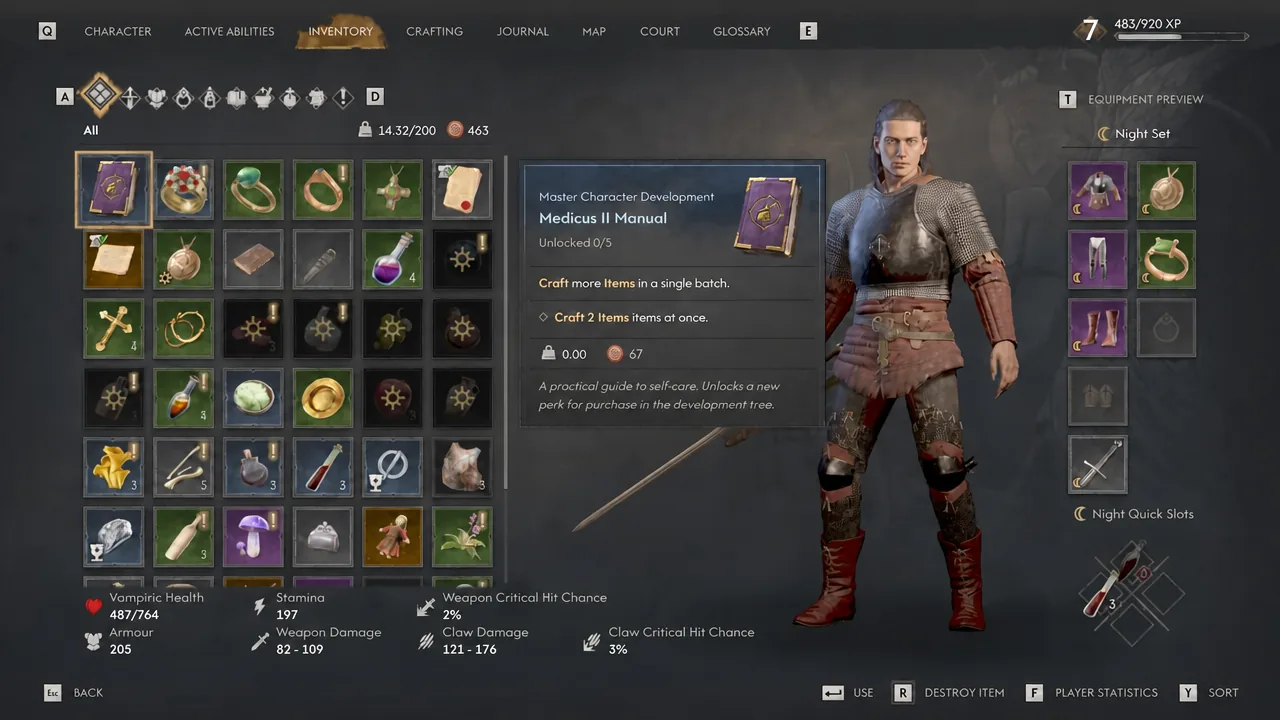 Inventory screen with the Medicus II Manual selected and its crafting effect described