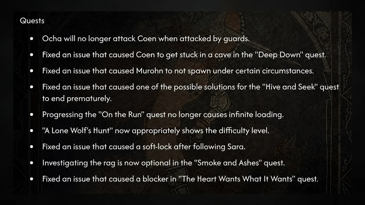 Quest fixes from the 1.0.4 patch notes listed on screen