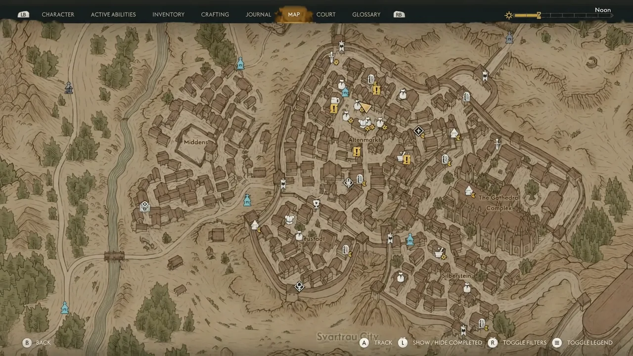 Svartrau City map screen centred on the Altenmarkt district with the player marker