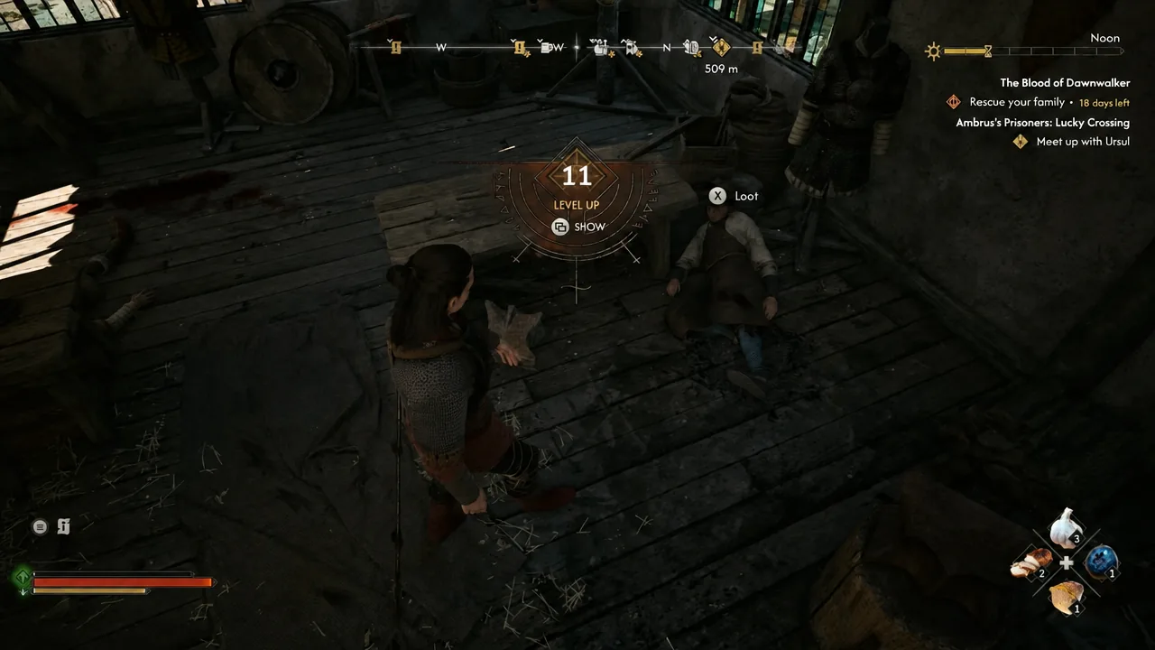 Loot prompt active on the Armourer's body with a level up notification on screen