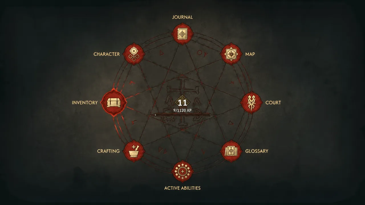Radial menu open with the Inventory option highlighted