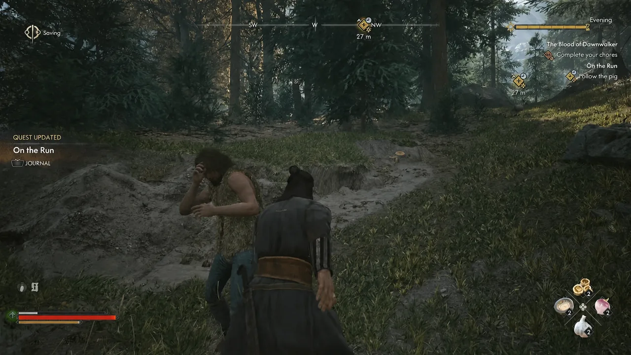 The Follow the pig objective appears on screen as Coen chases the animal through the forest